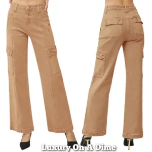 RISEN Cargo High-Rise Denim Wide Leg Boyfriend Fit 90s Retro Utility Jean Pants