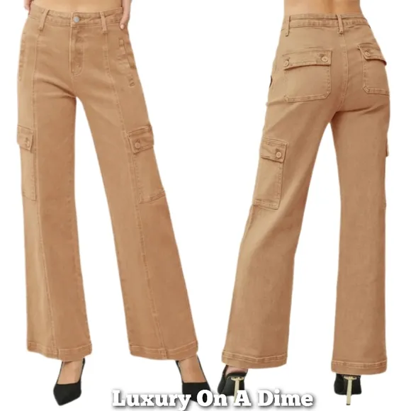 RISEN Cargo High-Rise Denim Wide Leg Boyfriend Fit 90s Retro Utility Jean Pants