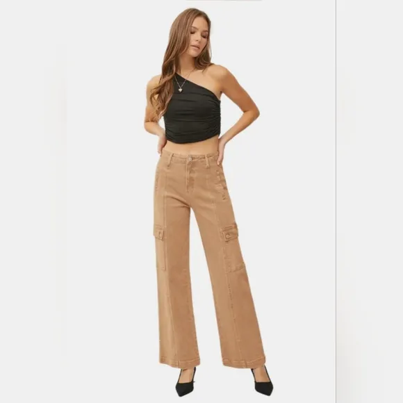 RISEN Cargo High-Rise Denim Wide Leg Boyfriend Fit 90s Retro Utility Jean Pants