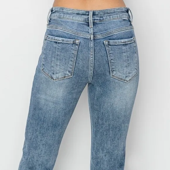 RISEN Classic Mid-Rise Blue Jeans Slim Traditional Bootcut Wide Hem Denim Pants