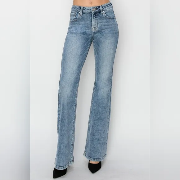 RISEN Classic Mid-Rise Blue Jeans Slim Traditional Bootcut Wide Hem Denim Pants