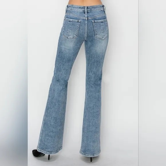 RISEN Classic Mid-Rise Blue Jeans Slim Traditional Bootcut Wide Hem Denim Pants