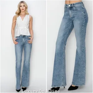RISEN Classic Mid-Rise Blue Jeans Slim Traditional Bootcut Wide Hem Denim Pants