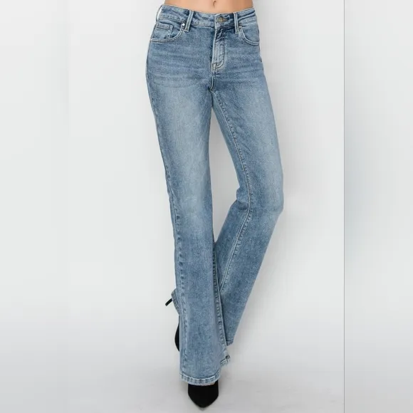 RISEN Classic Mid-Rise Blue Jeans Slim Traditional Bootcut Wide Hem Denim Pants