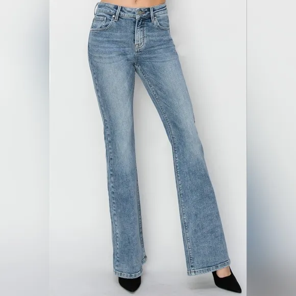 RISEN Classic Mid-Rise Blue Jeans Slim Traditional Bootcut Wide Hem Denim Pants