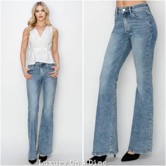 RISEN Classic Mid-Rise Blue Jeans Slim Traditional Bootcut Wide Hem Denim Pants