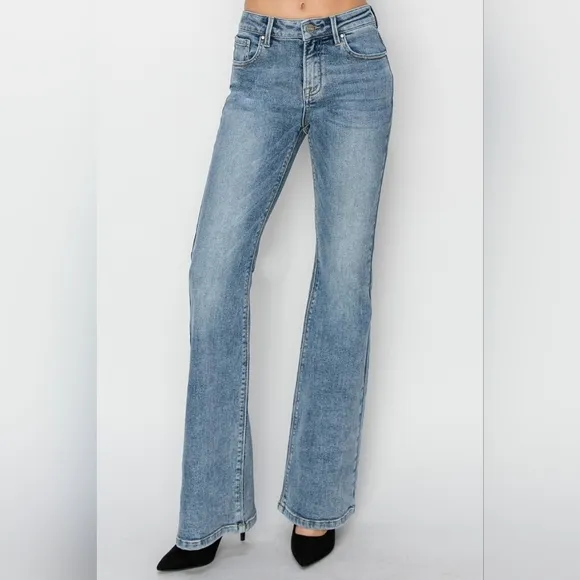 RISEN Classic Mid-Rise Blue Jeans Slim Traditional Bootcut Wide Hem Denim Pants