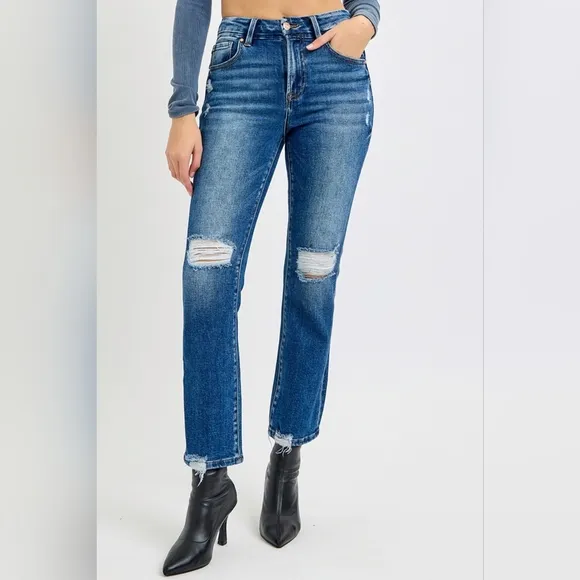 RISEN Full Size High Rise Distressed Crop Straight Jeans