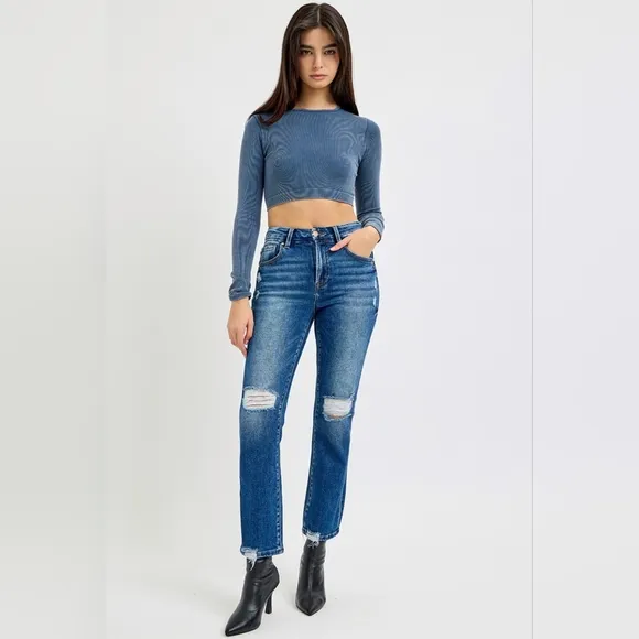 RISEN Full Size High Rise Distressed Crop Straight Jeans