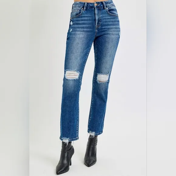 RISEN Full Size High Rise Distressed Crop Straight Jeans