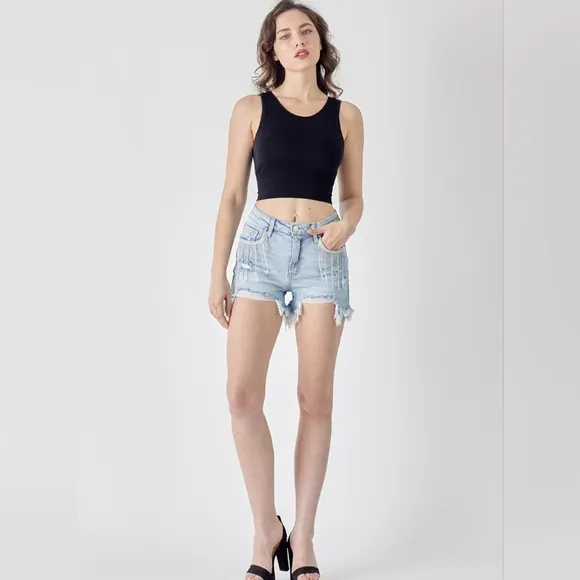RISEN Rhinestone Chain Fringe Raw Hem Distressed Jean Torn Cut-Off Denim Shorts