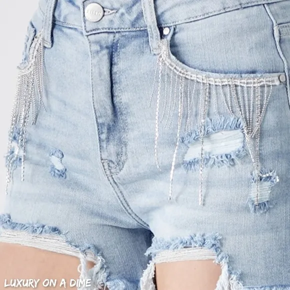 RISEN Rhinestone Chain Fringe Raw Hem Distressed Jean Torn Cut-Off Denim Shorts