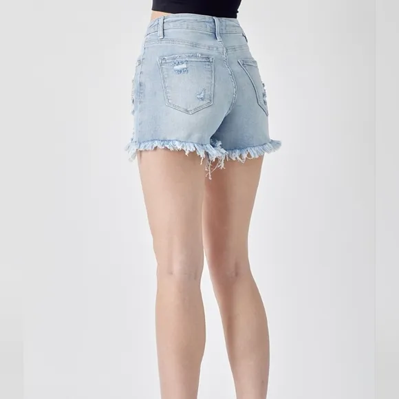 RISEN Rhinestone Chain Fringe Raw Hem Distressed Jean Torn Cut-Off Denim Shorts