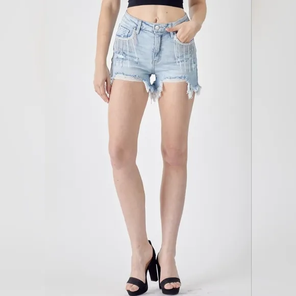 RISEN Rhinestone Chain Fringe Raw Hem Distressed Jean Torn Cut-Off Denim Shorts