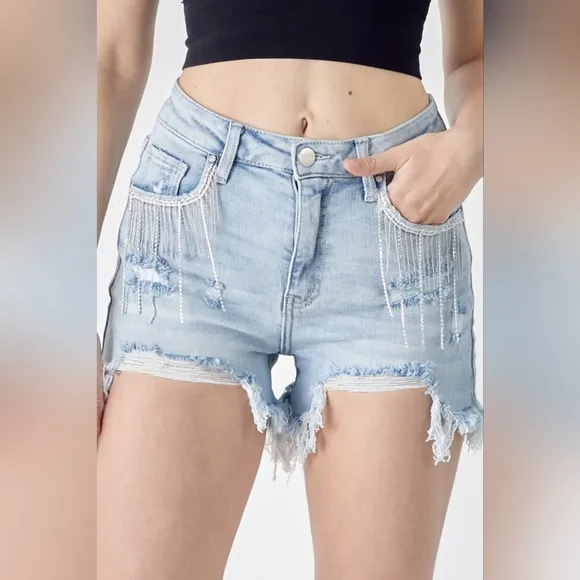 RISEN Rhinestone Chain Fringe Raw Hem Distressed Jean Torn Cut-Off Denim Shorts