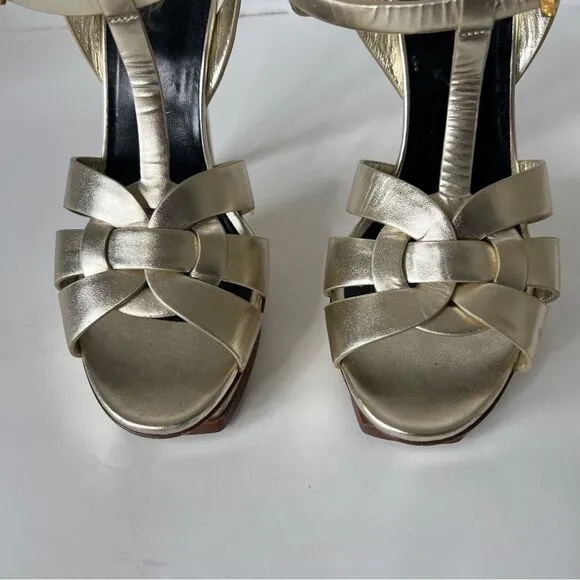 Saint Laurent Paris Metallic Gold Leather Tribute Mob Wife Platform Sandals Size
