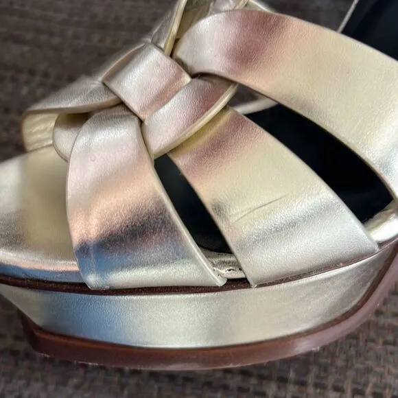 Saint Laurent Paris Metallic Gold Leather Tribute Mob Wife Platform Sandals Size