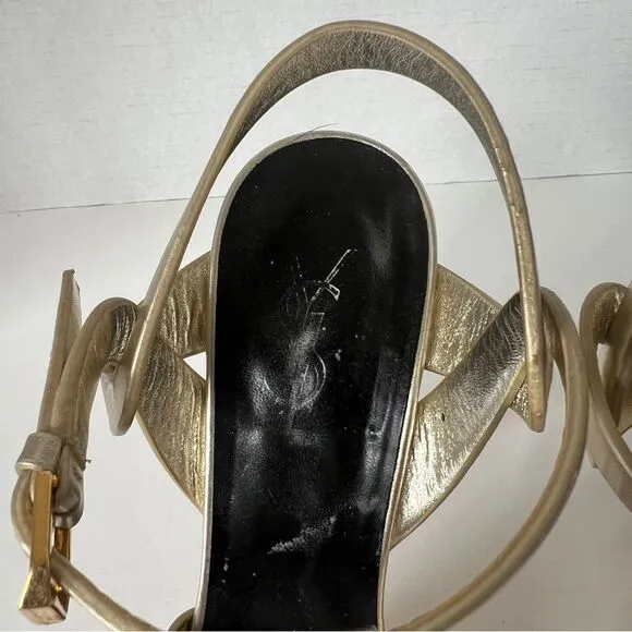 Saint Laurent Paris Metallic Gold Leather Tribute Mob Wife Platform Sandals Size