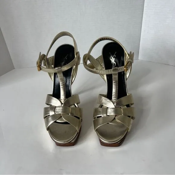 Saint Laurent Paris Metallic Gold Leather Tribute Mob Wife Platform Sandals Size