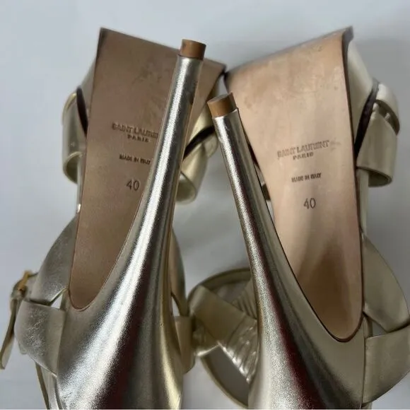 Saint Laurent Paris Metallic Gold Leather Tribute Mob Wife Platform Sandals Size