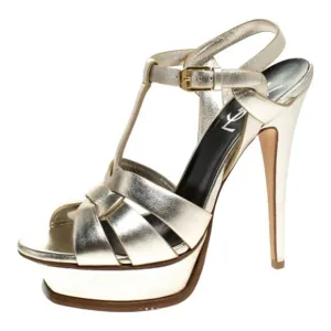 Saint Laurent Paris Metallic Gold Leather Tribute Mob Wife Platform Sandals Size