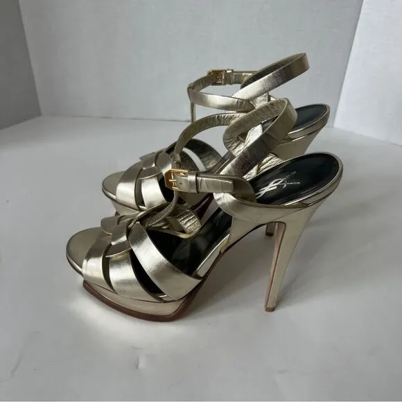 Saint Laurent Paris Metallic Gold Leather Tribute Mob Wife Platform Sandals Size