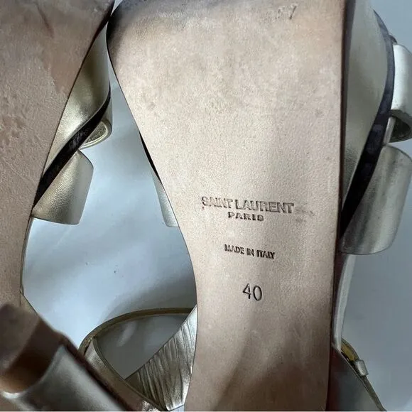 Saint Laurent Paris Metallic Gold Leather Tribute Mob Wife Platform Sandals Size