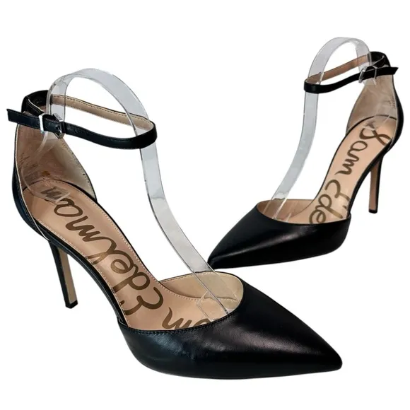 Sam Edelman Black Stiletto High Heels Harlow Leather Point Toe Ankle Strap,Sz 10