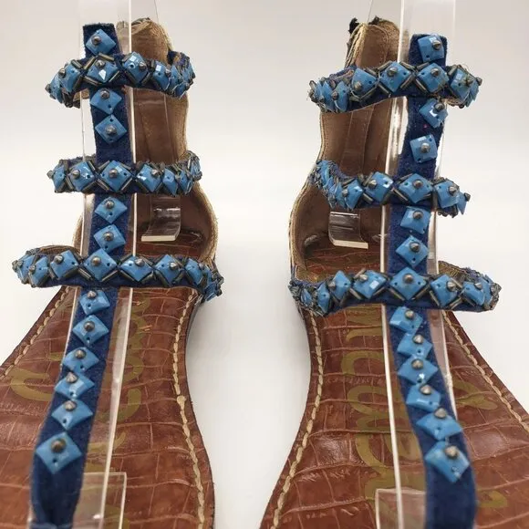 Sam Edelman Boho Western Turquoise Blue Beaded Calf Hair Strappy Flat Sandals 8