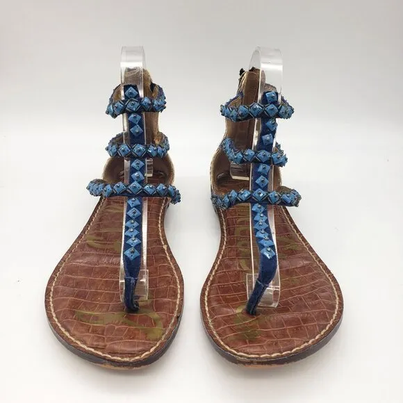 Sam Edelman Boho Western Turquoise Blue Beaded Calf Hair Strappy Flat Sandals 8