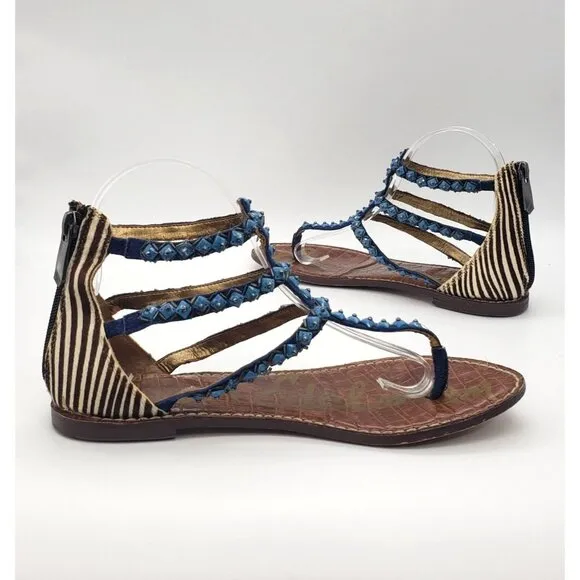 Sam Edelman Boho Western Turquoise Blue Beaded Calf Hair Strappy Flat Sandals 8