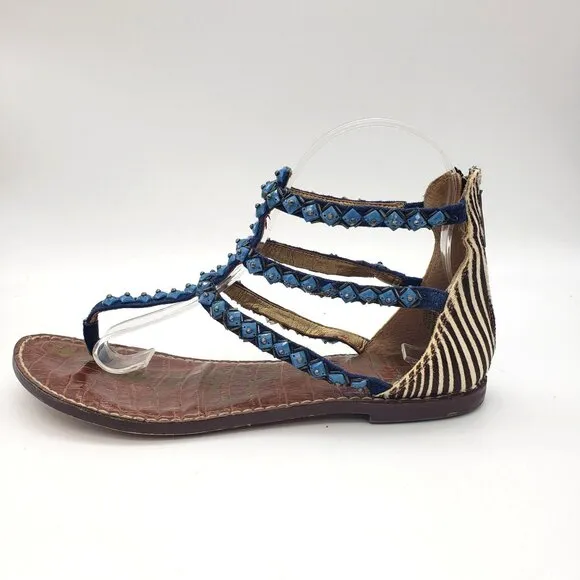 Sam Edelman Boho Western Turquoise Blue Beaded Calf Hair Strappy Flat Sandals 8