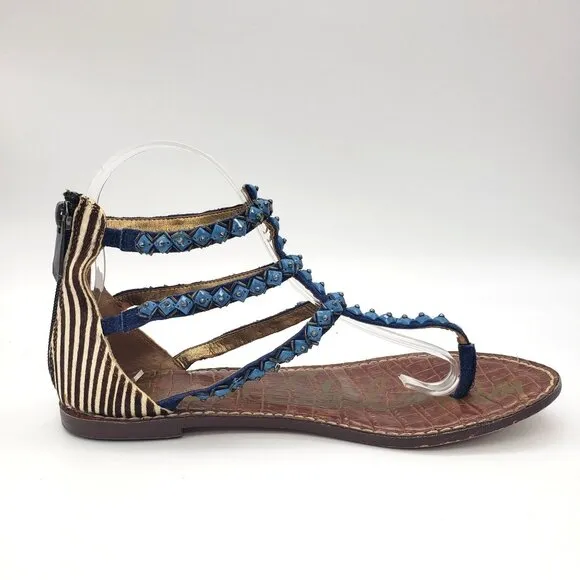 Sam Edelman Boho Western Turquoise Blue Beaded Calf Hair Strappy Flat Sandals 8