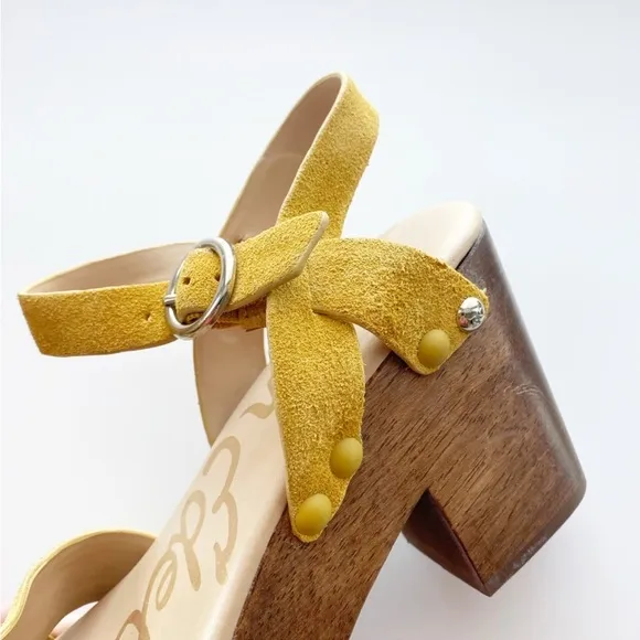 SAM EDELMAN Josefine Yellow Suede Wooden Chunky Retro Sandals NEW Resortwear