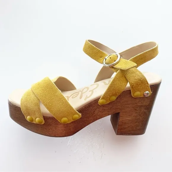 SAM EDELMAN Josefine Yellow Suede Wooden Chunky Retro Sandals NEW Resortwear