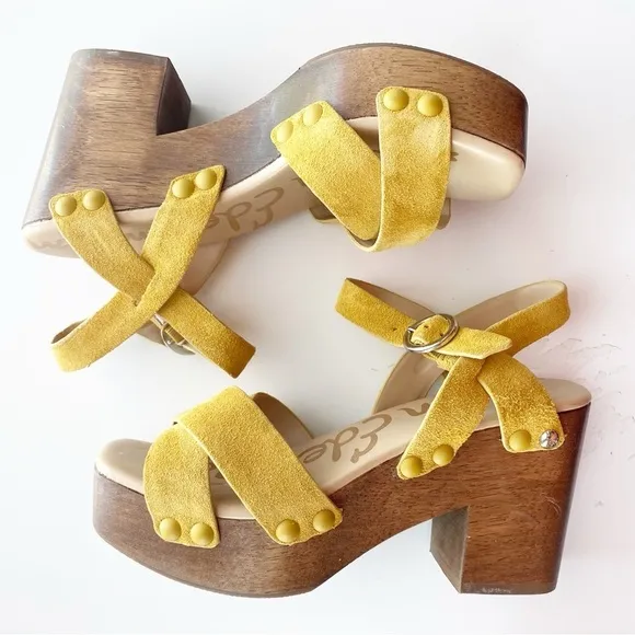 SAM EDELMAN Josefine Yellow Suede Wooden Chunky Retro Sandals NEW Resortwear