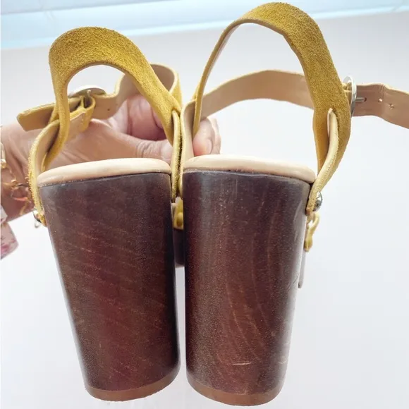 SAM EDELMAN Josefine Yellow Suede Wooden Chunky Retro Sandals NEW Resortwear