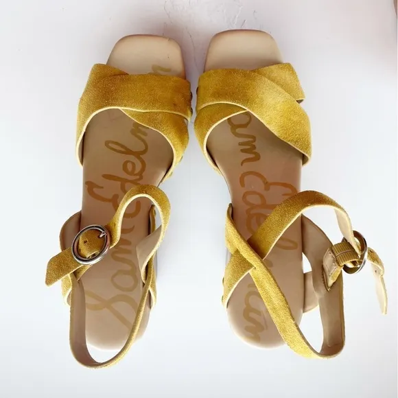 SAM EDELMAN Josefine Yellow Suede Wooden Chunky Retro Sandals NEW Resortwear