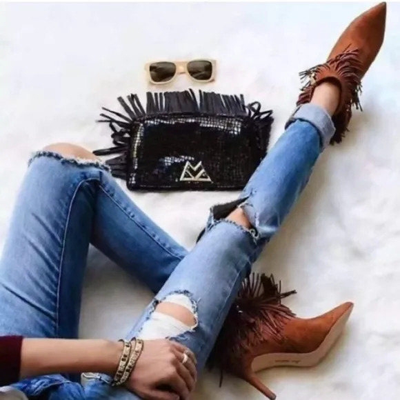 Sam Edelman Kandice COGNAC SuedePointed Toe Fringe Ankle Boot Bootie