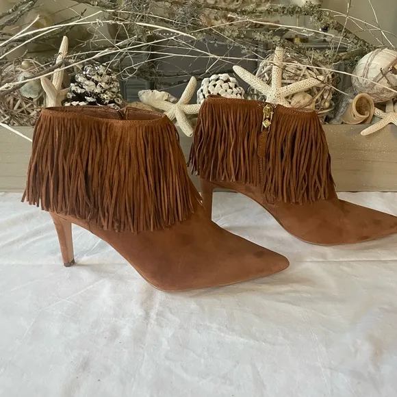 Sam Edelman Kandice COGNAC SuedePointed Toe Fringe Ankle Boot Bootie