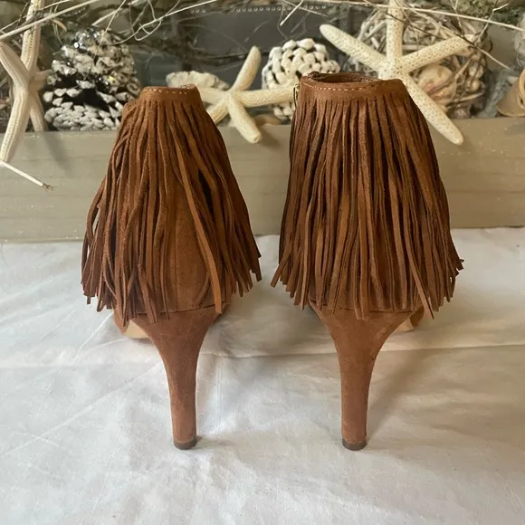Sam Edelman Kandice COGNAC SuedePointed Toe Fringe Ankle Boot Bootie