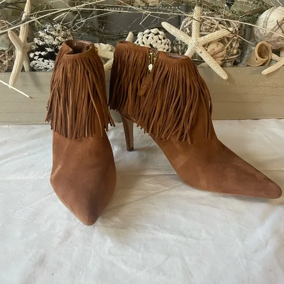 Sam Edelman Kandice COGNAC SuedePointed Toe Fringe Ankle Boot Bootie