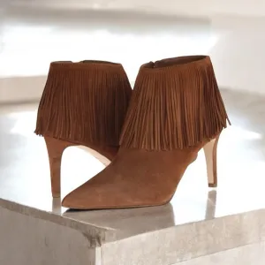 Sam Edelman Kandice COGNAC SuedePointed Toe Fringe Ankle Boot Bootie