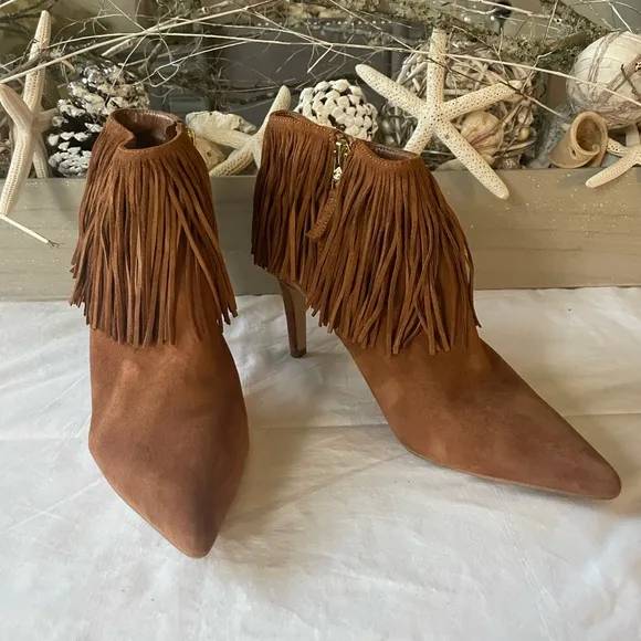 Sam Edelman Kandice COGNAC SuedePointed Toe Fringe Ankle Boot Bootie