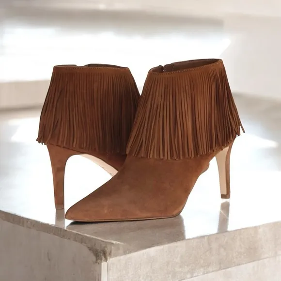 Sam Edelman Kandice COGNAC SuedePointed Toe Fringe Ankle Boot Bootie