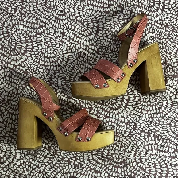 Sam Edelman Rosalind Platform Heeled Sandals in Terra Rose Croc Size 8.5
