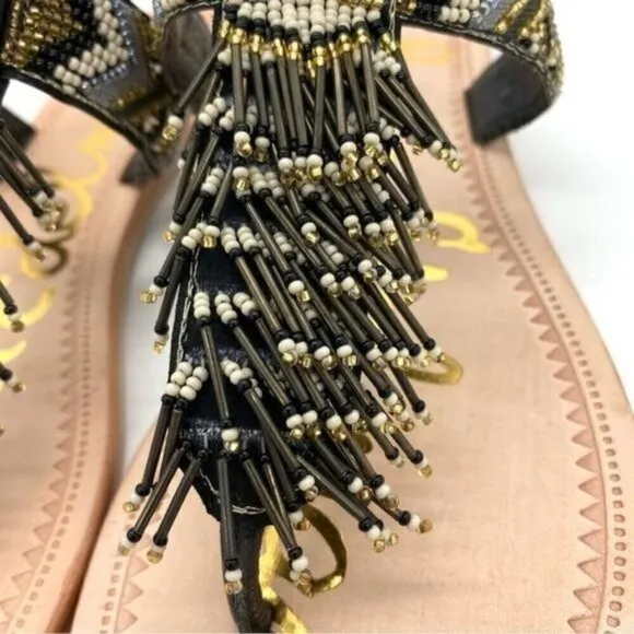Sam Edelman Anella Beaded Fringe Flat Leather Sandals