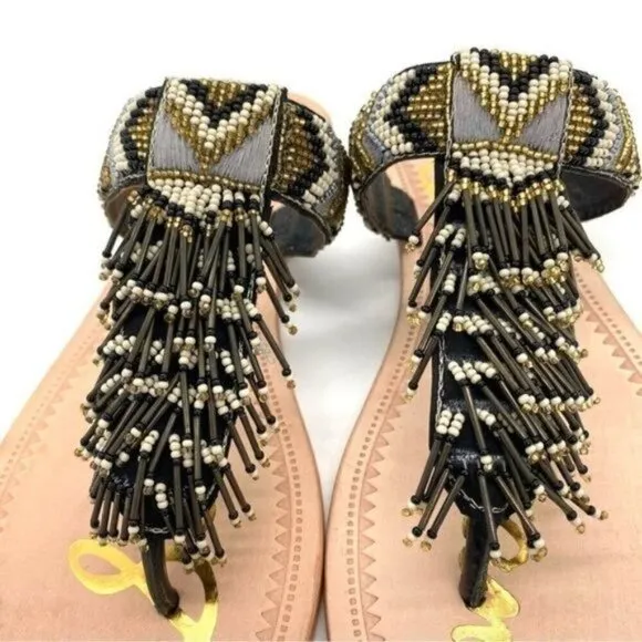 Sam Edelman Anella Beaded Fringe Flat Leather Sandals