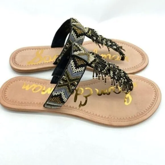 Sam Edelman Anella Beaded Fringe Flat Leather Sandals
