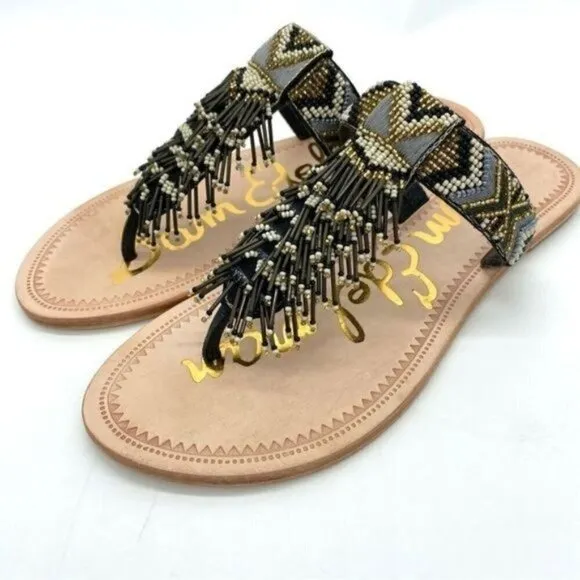 Sam Edelman Anella Beaded Fringe Flat Leather Sandals
